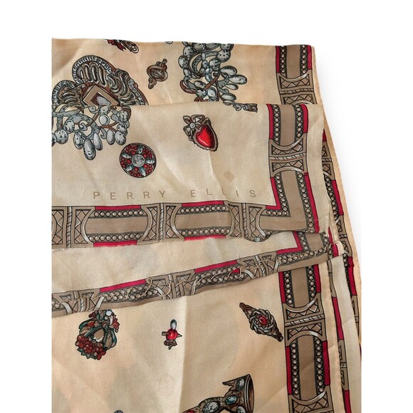 Antique Luxury Design Light Brown & Red Wine Rectangular Scarf 62” X 16” Unisex - Picture 6 of 8